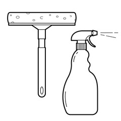 Window glass squeegee and cleaner. Cleaning supplies. Window cleaning equipment. Isolated outline Illustration on white background.  Outline illustration, design element 