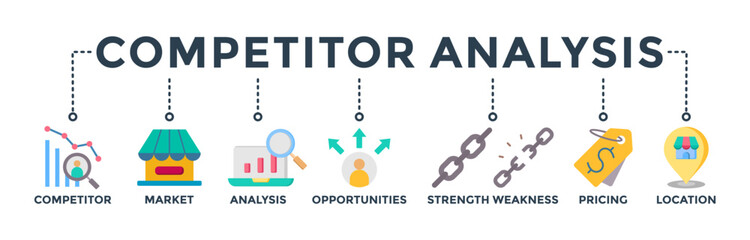 Competitor analysis banner web icon with icon of competitor, market, analysis, opportunities, strength weakness, pricing, and location. Vector illustration 
