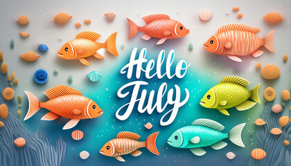 Hello July calligraphic text message on colorful tropical summer turquoise underwater sea background or wallpaper with multicolor marine or freshwater fish, anemone, seashells and bubbles.