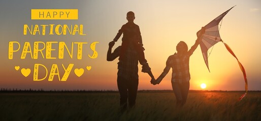 Banner for National Parents Day with family with kite in field at sunset