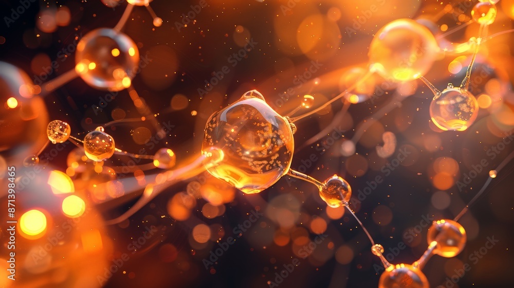 Poster abstract representation of molecular structures with glowing orange and yellow spheres connected by 