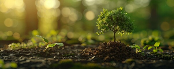 Naklejka premium Small tree sprout in a lush forest, symbolizing growth, life, and nature's beauty, bathed in golden sunlight during sunrise.