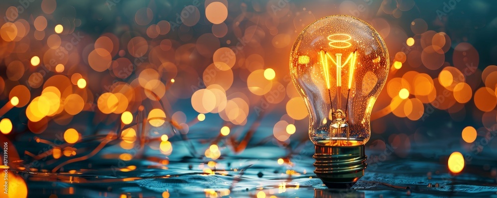 Poster glowing vintage light bulb on a reflective surface with bokeh lights in the background, creating a w