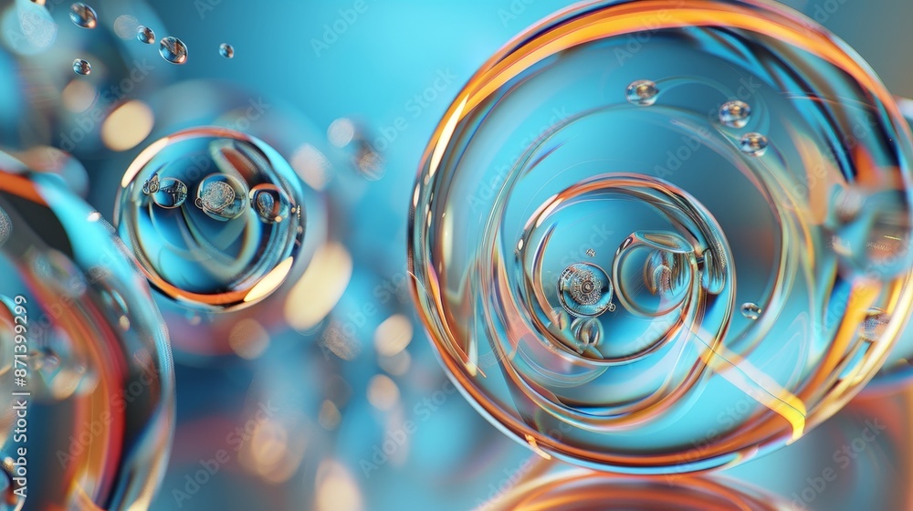 Poster abstract image of transparent bubbles in liquid with blue and orange highlights, creating a vibrant 
