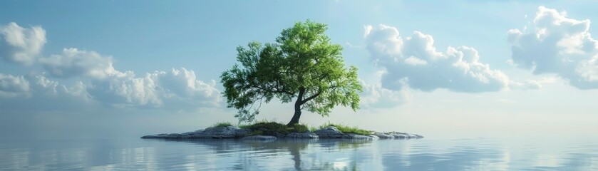 Serene scene of a solitary tree on a small island reflected in calm water, with fluffy clouds in a blue sky.
