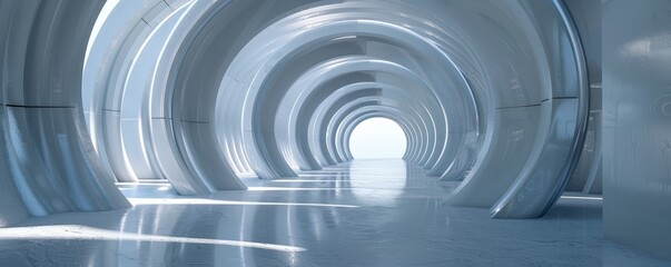 Obraz premium Futuristic corridor with sleek and modern design, showcasing curved architecture and a bright light at the end. Perfect for sci-fi themes.