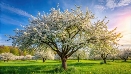 Fototapeta premium Apple tree in full bloom during spring season, apple tree, blossom, spring, flowers, nature, outdoors, orchard, white petals