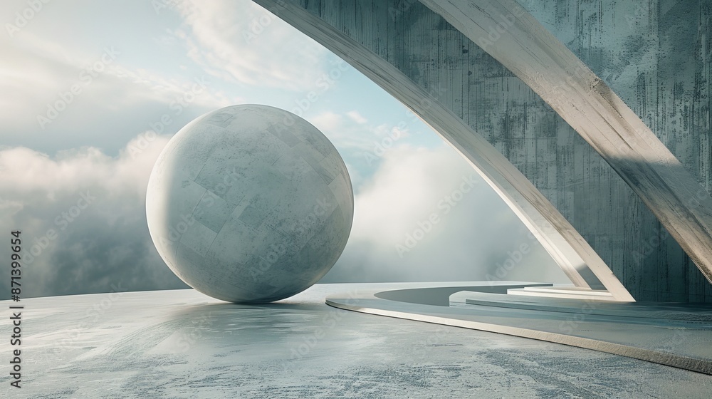 Poster futuristic architectural scene with a large marble sphere and sleek curved structures against a clou