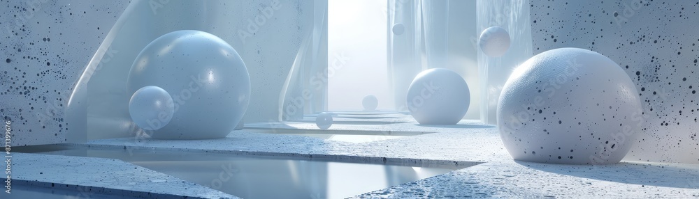 Poster futuristic abstract scene with large spheres in a modern, minimalistic architectural setting with co