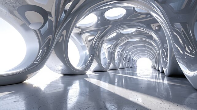 Futuristic white architecture tunnel with circular openings and reflective floor, showcasing modern abstract interior design.