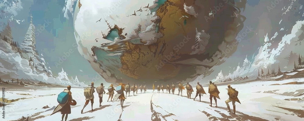 Wall mural group of explorers traversing snowy landscape with giant alien structure floating in the sky, surrea