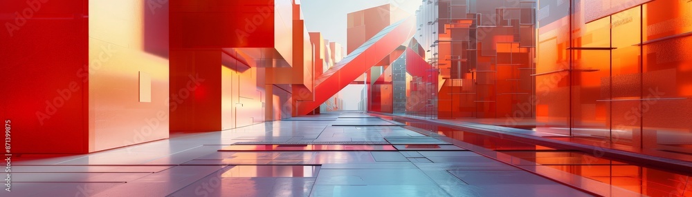 Poster abstract architectural design featuring red and transparent geometric shapes with reflective surface