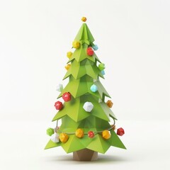 Obraz premium 3D Render, Low Poly style of a festive Christmas tree with decorations, on isolated white background, Generative AI