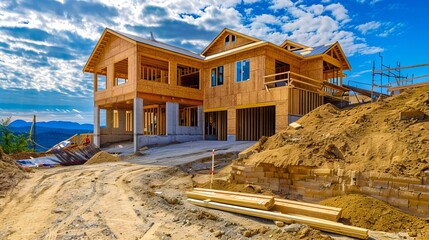 A house under construction with dirt and rocks.