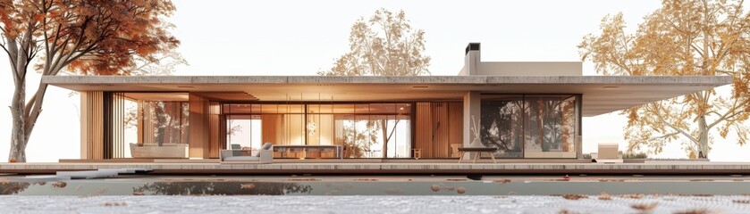 Obraz premium Modern architectural house with large glass windows, surrounded by fall foliage, showcasing contemporary design and open layout.