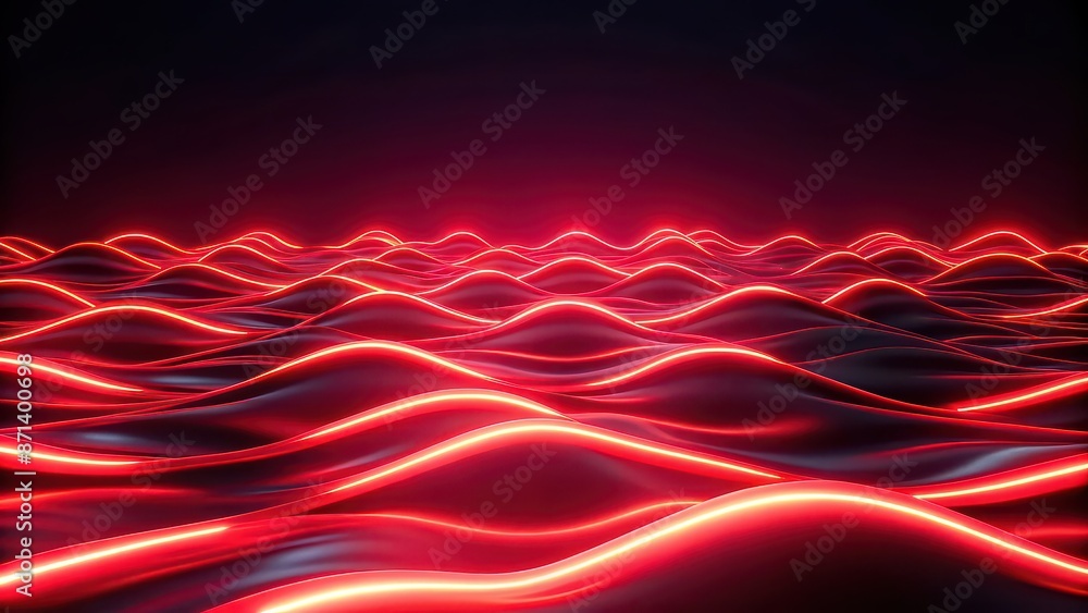 Poster Flowing red neon lights on a dark abstract wavy surface, neon, lights, red, flowing, abstract, wavy, surface, dark