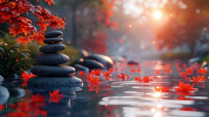 Obraz premium Zen garden with stacked stones and red maple leaves in tranquil water at sunset, peaceful nature scene concept