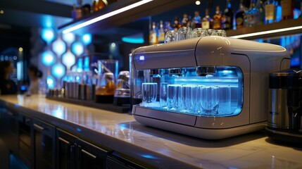 Obraz premium Futuristic beverage dispensing device in a sleek bar setting, emphasizing high-tech controls and speed