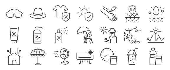 Sun protection icon set. It includes hydrate, sunscreens, umbrellas, water, sun rays, and more icons. Editable Vector Stroke.