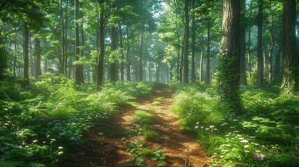 Obraz premium Forest trail, dappled sunlight, tall trees, vivid greenery, peaceful path, chirping birds, immersive natural beauty, wide-angle shot