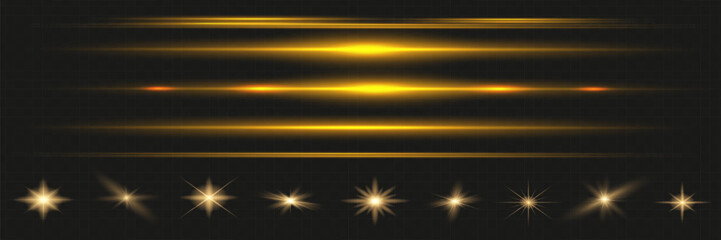 Red horizontal lens flares pack. Laser beams, horizontal light flares. Glowing streaks on dark background. Luminous abstract sparkling lined background.