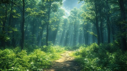 Fototapeta premium Forest trail, dappled sunlight, tall trees, vivid greenery, peaceful path, chirping birds, immersive natural beauty, wide-angle shot