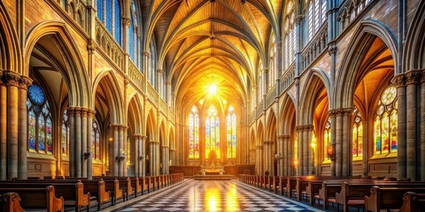Fototapeta premium A majestic cathedral bathed in golden sunlight with stained glass windows , architecture, religious, Christian, worship