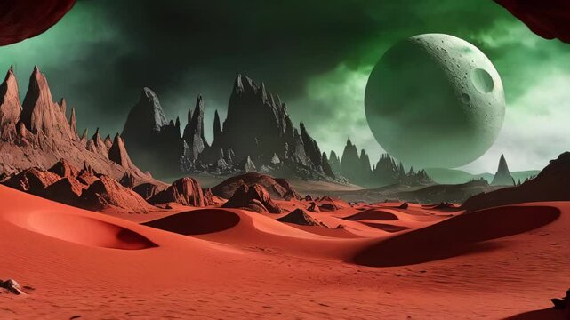 Fantastic martian landscape in rusty orange shades, Mars surface, Desert, Cliffs, sand. Alien landscape. Red planet mars. High quality 4k footage