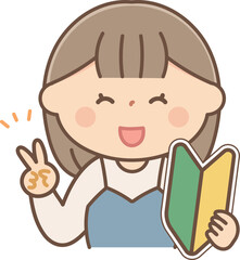 初心者マークを持ってピースをする女性