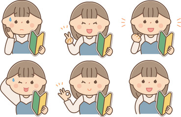 初心者マークを持った女性の表情セット