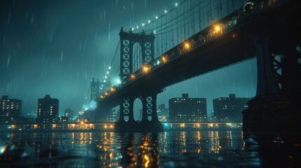 A bridge over a body of water with a city in the background