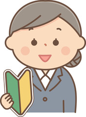 初心者マークを持ったスーツの女性