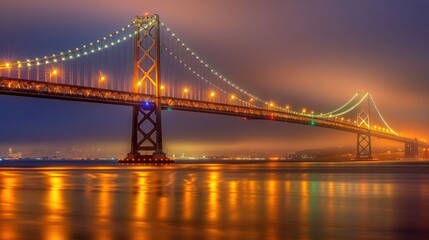 Fototapeta premium A bridge with lights on it is reflected in the water