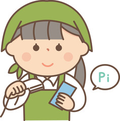 レジ打ちをするエプロン姿の女性