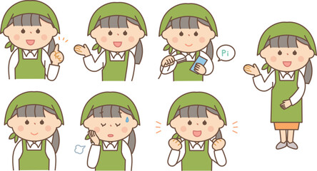 エプロン姿の女性の表情セット