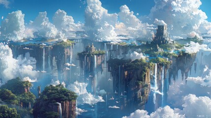 Floating islands with lush greenery and cascading waterfalls, bathed in golden sunlight.
