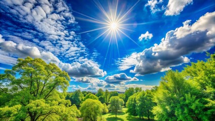 Obraz premium Vibrant warm sunny day with clear blue sky, fluffy white clouds, and lush green trees swaying gently in the breeze.