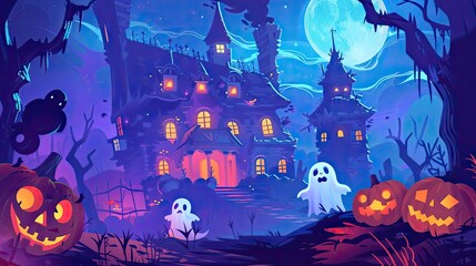Spooky Halloween scene with haunted house, ghosts, and carved pumpkins in a moonlit night with dark trees and a full moon.
