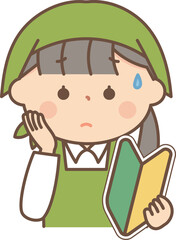 不安な表情の初心者マークを持ったパートの女性