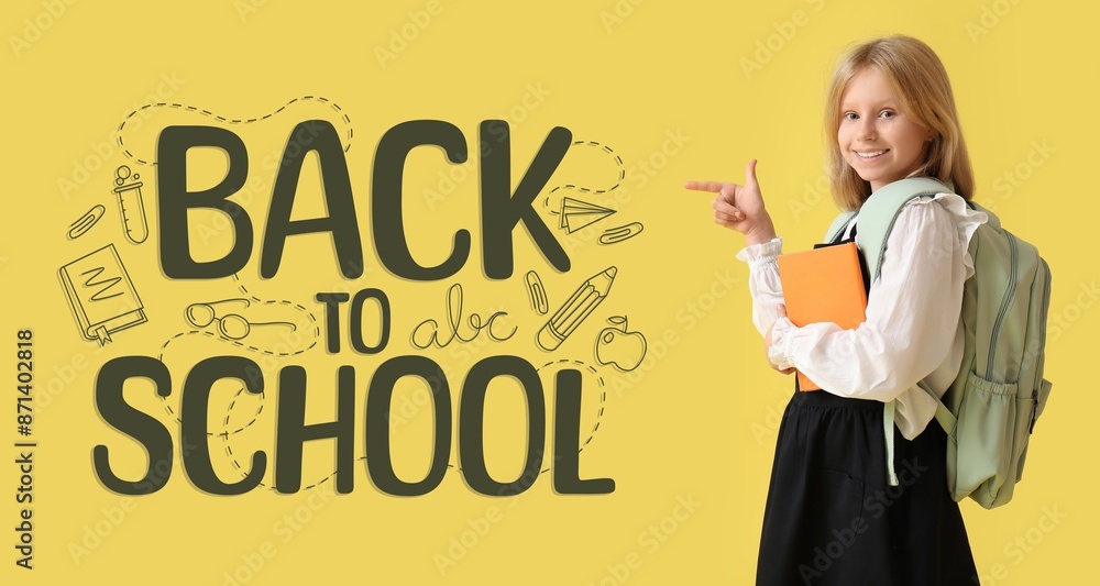 Canvas Prints Banner with little student and text BACK TO SCHOOL on yellow background