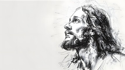 Fototapeta premium Sketch of Jesus Christ on white background with copy space