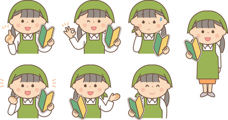 初心者マークを持ったパートの女性セット