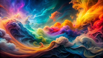 Obraz premium Vibrant rainbow hues swirl amidst ethereal whisps of smoke, forming an otherworldly abstract landscape of mesmerizing beauty and tantalizing mystery.