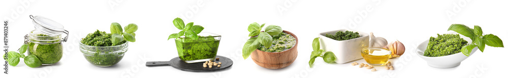 Wall mural Set of tasty pesto sauce on white background