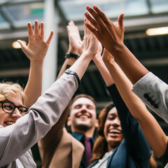 A group of diverse coworkers dressed in business attire, standing in an open, modern workspace, enthusiastically high-fiving to celebrate a professional achievement or project success.