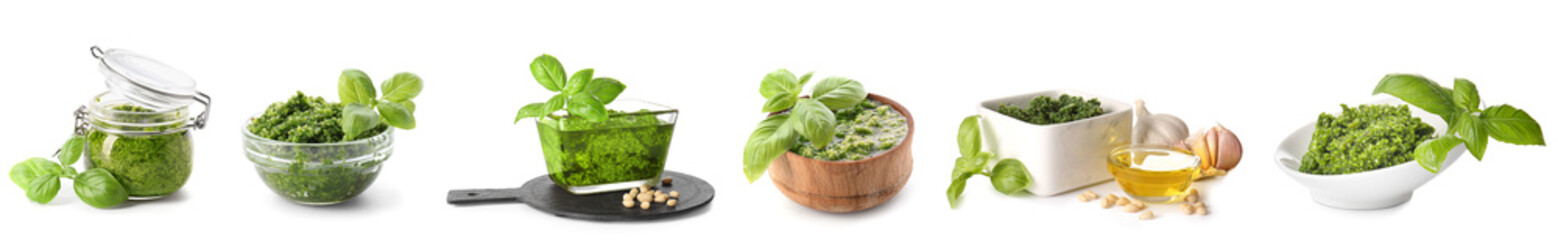 Set of tasty pesto sauce on white background