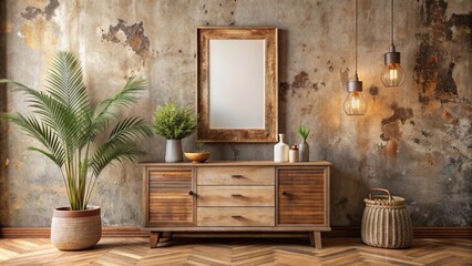 Distressed wooden dresser stands against rustic stucco wall, featuring blank poster frame with ample copy space in bohemian living room.