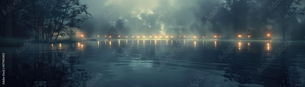 Poster A misty lake at night with trees and illuminated small lights reflecting on calm water, creating a serene and mysterious ambiance.