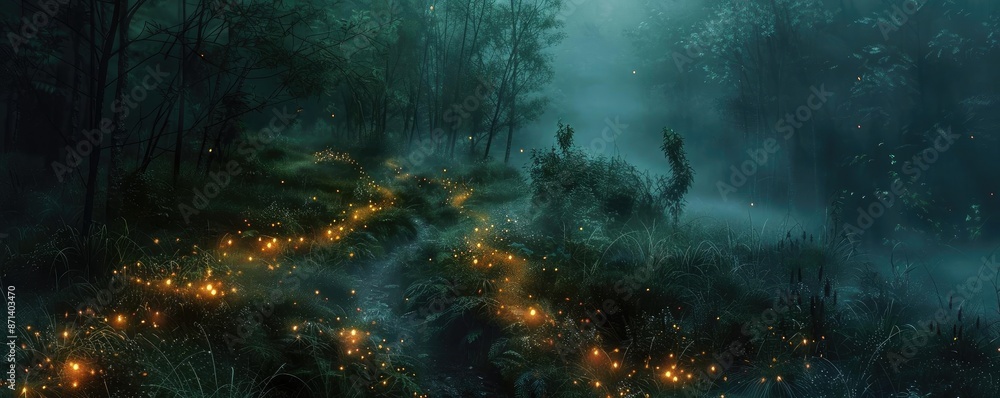 Poster A misty forest path illuminated by glowing fireflies, creating a magical and enchanting nighttime scene perfect for fantasy themes and nature inspiration.