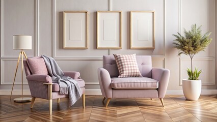Fototapeta premium Modern empty living room interior with pink armchair pillow and lilac plaid featuring three empty frames on wall as poster mockup display.